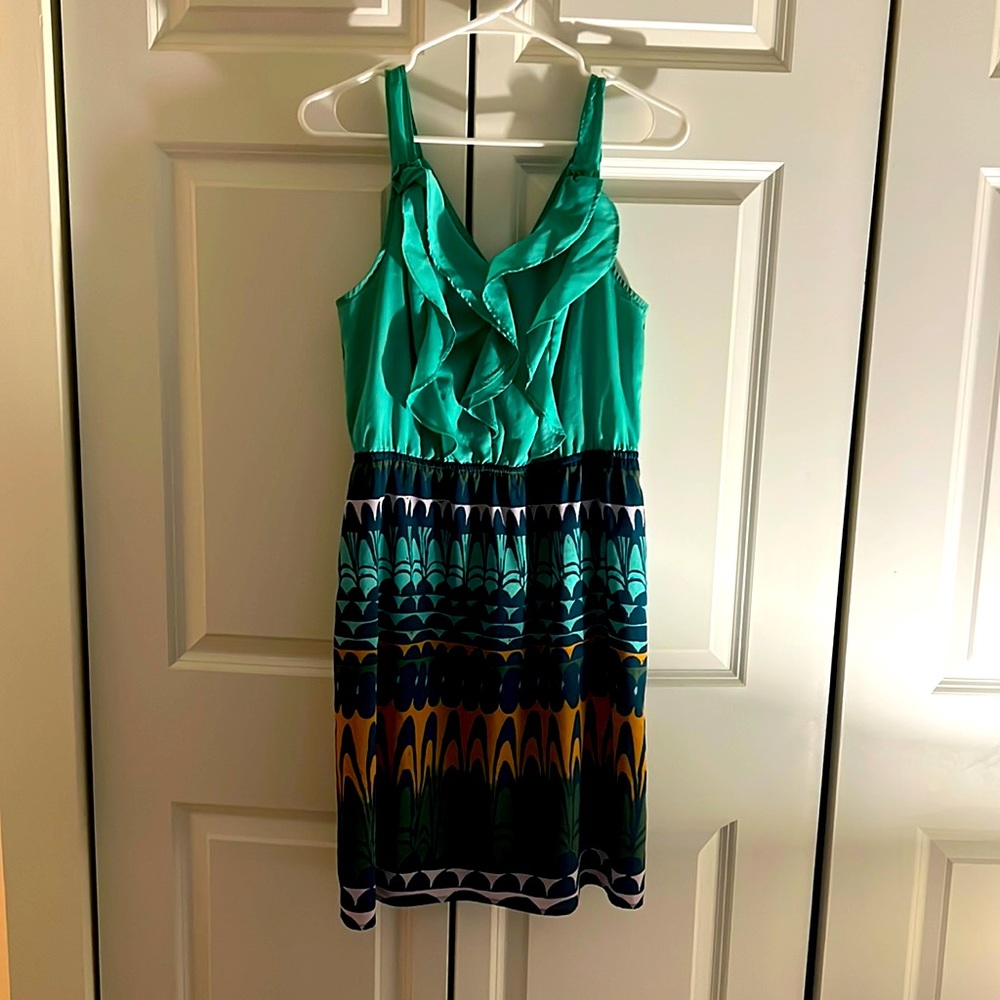 Target Women’s Ruffle Front Color Block and Print Dress - Teal/Turquoise Small